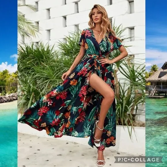 Boho Floral Maxi Open Leg Wrap Belted Dress Size Medium - Picture 1 of 8